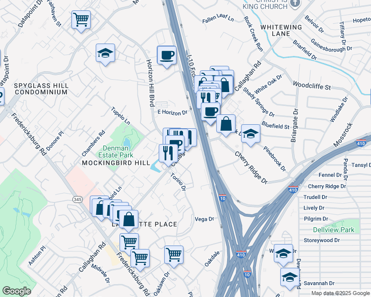 map of restaurants, bars, coffee shops, grocery stores, and more near Callaghan Rd & Horizon Hill Blvd in San Antonio