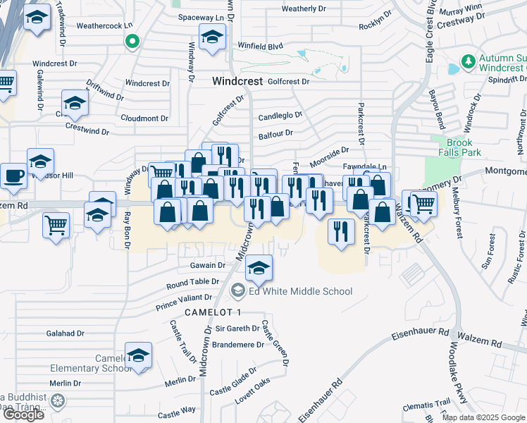 map of restaurants, bars, coffee shops, grocery stores, and more near 5514 Walzem Road in San Antonio