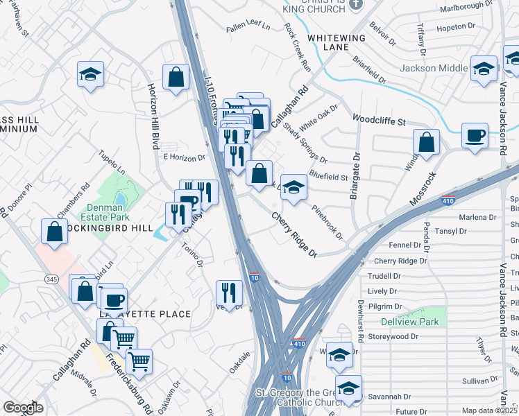 map of restaurants, bars, coffee shops, grocery stores, and more near 7839 Frontage Road in San Antonio