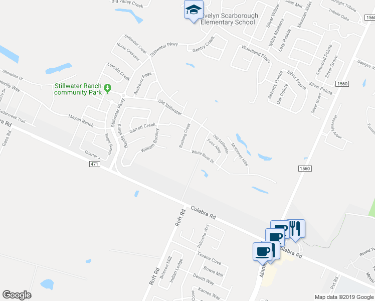 map of restaurants, bars, coffee shops, grocery stores, and more near 12030 White River Drive in San Antonio