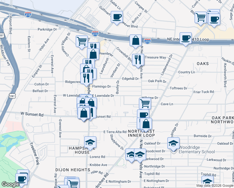 map of restaurants, bars, coffee shops, grocery stores, and more near 1926 East Lawndale Drive in San Antonio