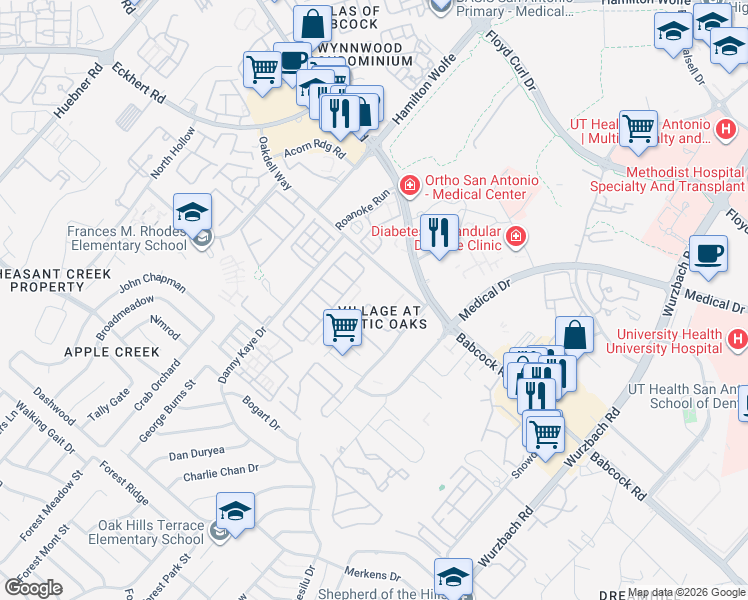 map of restaurants, bars, coffee shops, grocery stores, and more near 7830 Rustic Park in San Antonio