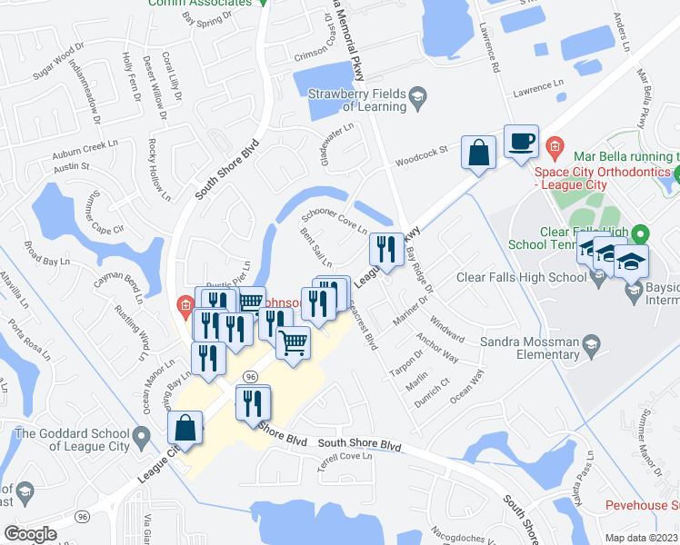 map of restaurants, bars, coffee shops, grocery stores, and more near 3106 Bent Sail Court in League City