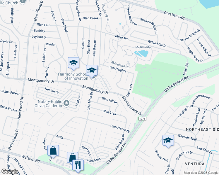 map of restaurants, bars, coffee shops, grocery stores, and more near 7150 Glen Terrace in San Antonio
