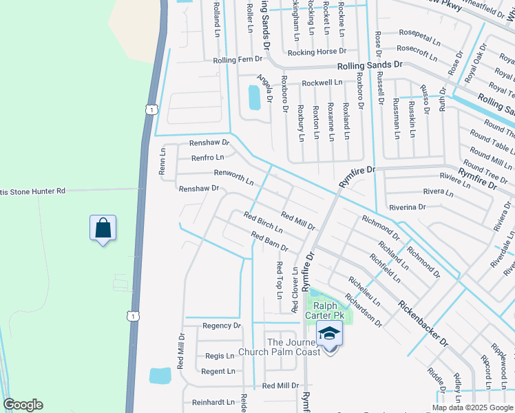 map of restaurants, bars, coffee shops, grocery stores, and more near 24 Red Birch Lane in Palm Coast