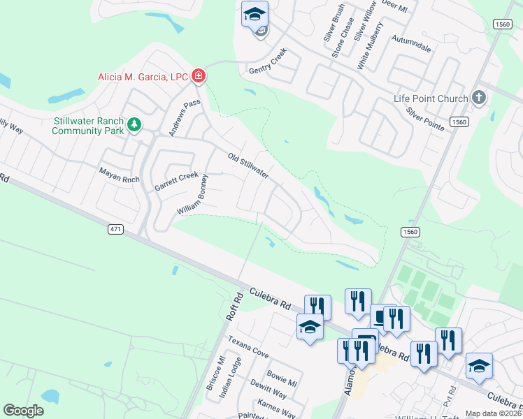 map of restaurants, bars, coffee shops, grocery stores, and more near 7603 Digges View in San Antonio