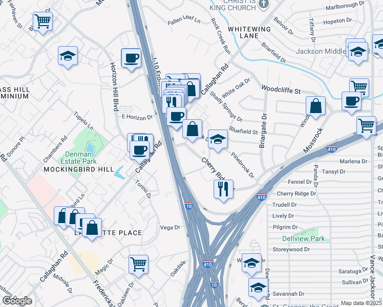map of restaurants, bars, coffee shops, grocery stores, and more near 7839 Frontage Road in San Antonio