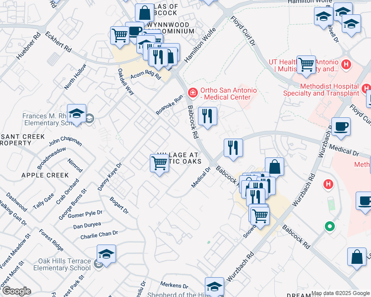 map of restaurants, bars, coffee shops, grocery stores, and more near 7710 Oakdell Way in San Antonio