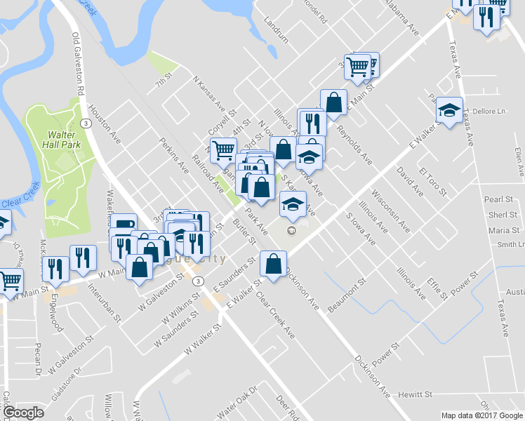 map of restaurants, bars, coffee shops, grocery stores, and more near in League City