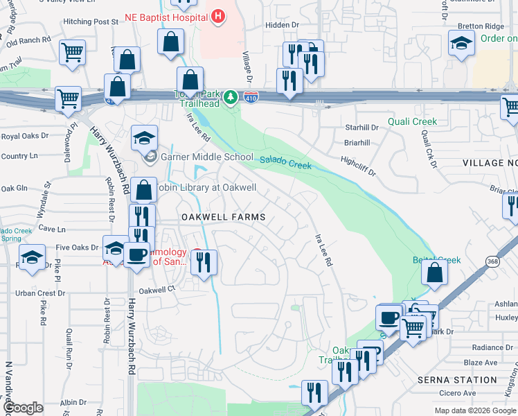 map of restaurants, bars, coffee shops, grocery stores, and more near 1 Campden Court in San Antonio