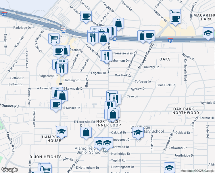 map of restaurants, bars, coffee shops, grocery stores, and more near 107 Hillview Drive in San Antonio
