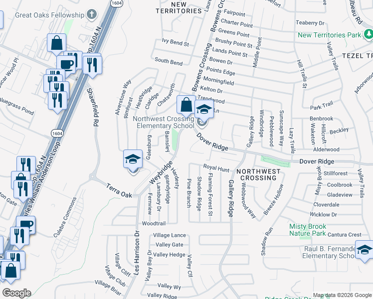 map of restaurants, bars, coffee shops, grocery stores, and more near 7226 Artisan Lane in San Antonio