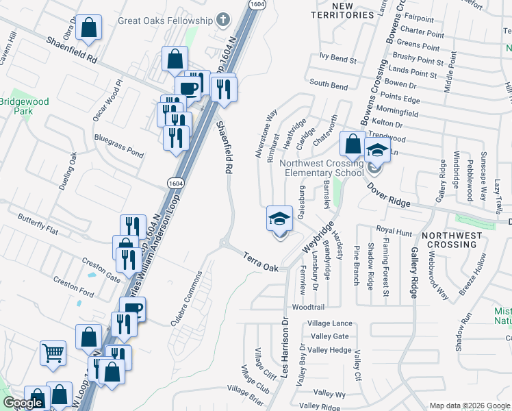 map of restaurants, bars, coffee shops, grocery stores, and more near 7543 Brandyridge in San Antonio