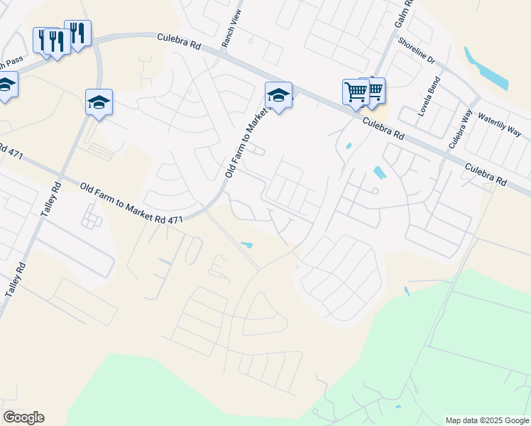 map of restaurants, bars, coffee shops, grocery stores, and more near 9179 Old Farm to Market 471 West in San Antonio