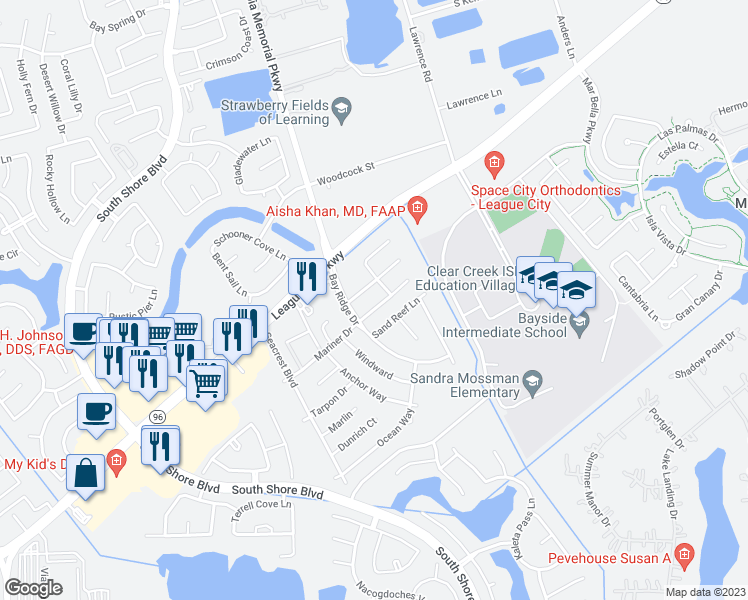 map of restaurants, bars, coffee shops, grocery stores, and more near 3108 Mariner Drive in League City