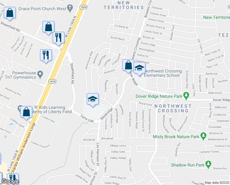 map of restaurants, bars, coffee shops, grocery stores, and more near 7415 Barnsley in San Antonio