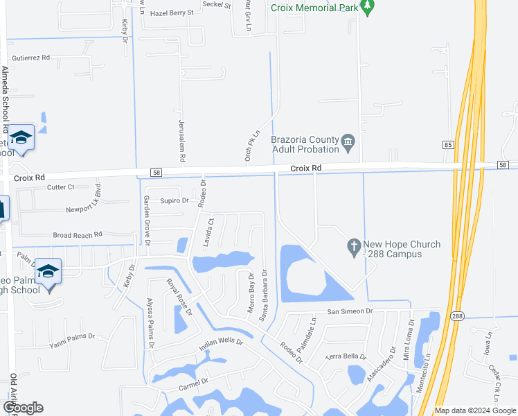 map of restaurants, bars, coffee shops, grocery stores, and more near 45 Laguna Bend Drive in Manvel