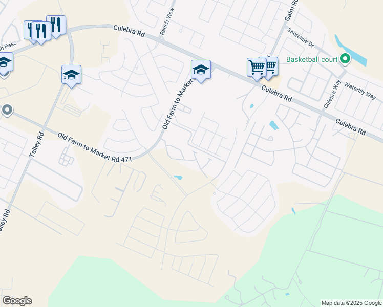 map of restaurants, bars, coffee shops, grocery stores, and more near 9179 Old Farm to Market 471 West in San Antonio