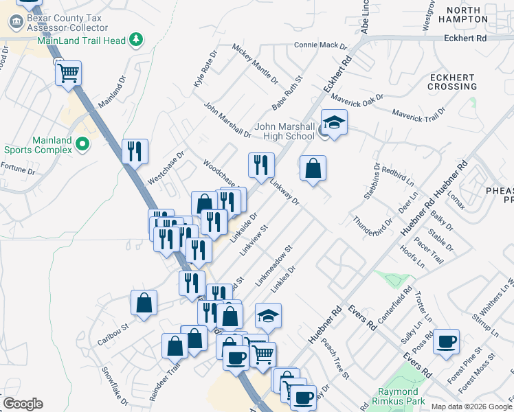 map of restaurants, bars, coffee shops, grocery stores, and more near 7629 Linkview Street in San Antonio