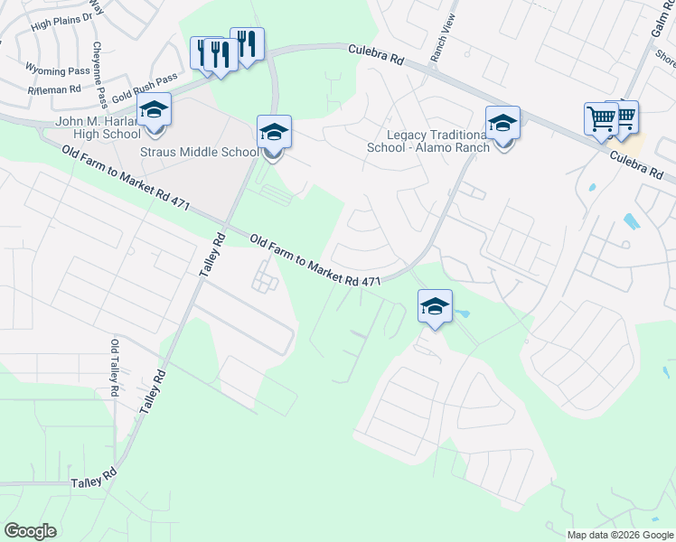 map of restaurants, bars, coffee shops, grocery stores, and more near 15464 Old Farm to Market Road 471 West in San Antonio