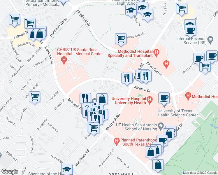 map of restaurants, bars, coffee shops, grocery stores, and more near 4900 Von Scheele Drive in San Antonio