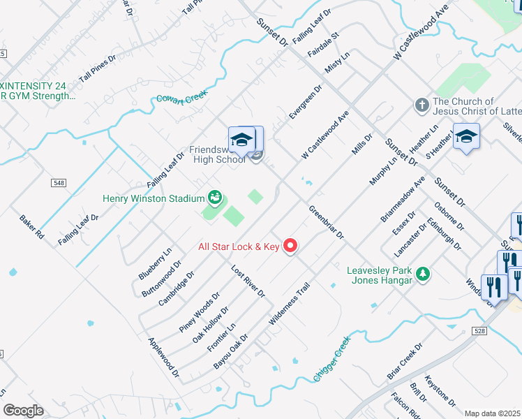 map of restaurants, bars, coffee shops, grocery stores, and more near 1018 West Castlewood Avenue in Friendswood