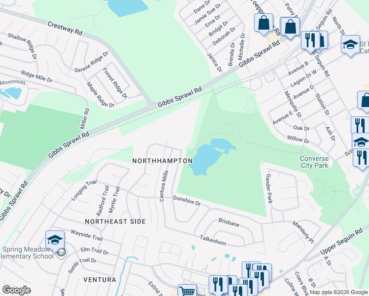 map of restaurants, bars, coffee shops, grocery stores, and more near 8230 Chestnut Manor Drive in Converse