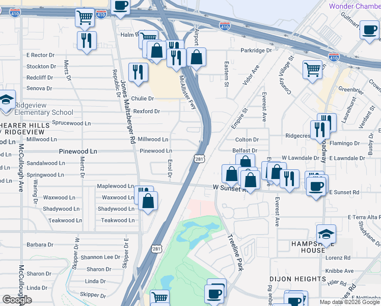 map of restaurants, bars, coffee shops, grocery stores, and more near 270 U.S. 281 Access Road in San Antonio