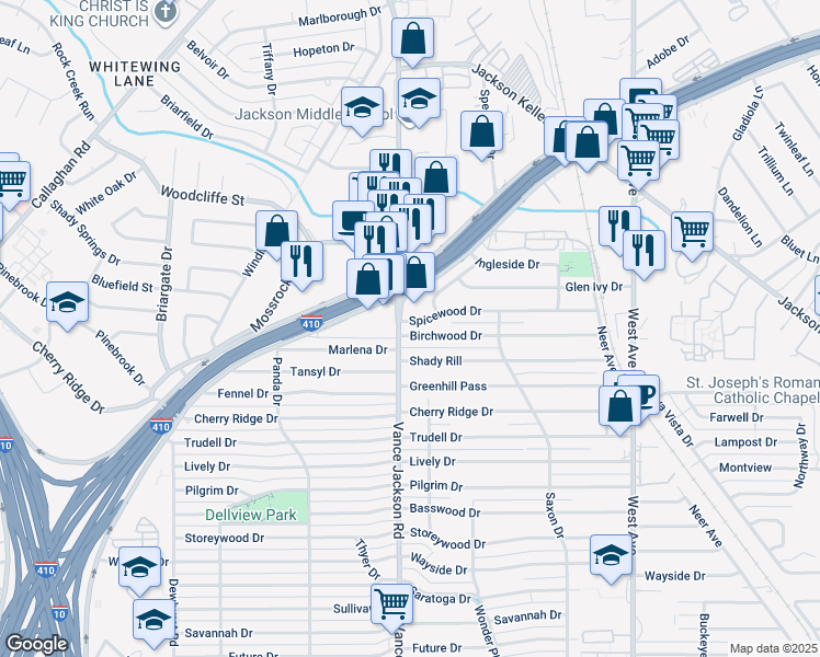 map of restaurants, bars, coffee shops, grocery stores, and more near 274 Birchwood Drive in San Antonio