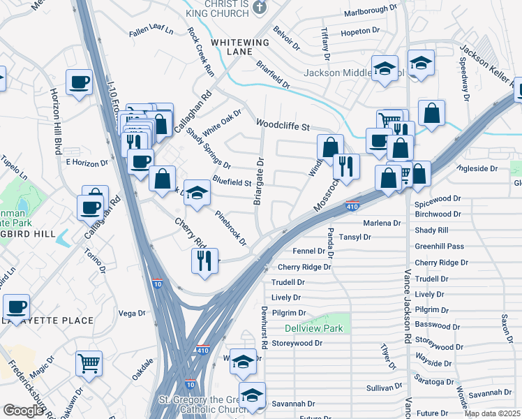 map of restaurants, bars, coffee shops, grocery stores, and more near 7811 Robin Hill Drive in San Antonio