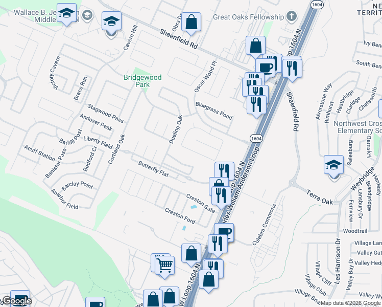 map of restaurants, bars, coffee shops, grocery stores, and more near 7626 Liberty Point in San Antonio