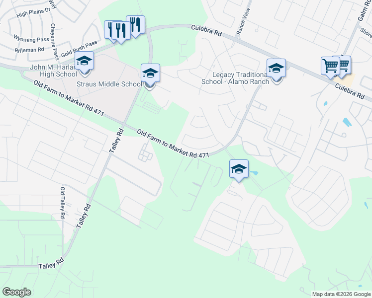 map of restaurants, bars, coffee shops, grocery stores, and more near 15464 Old Farm to Market Road 471 West in San Antonio