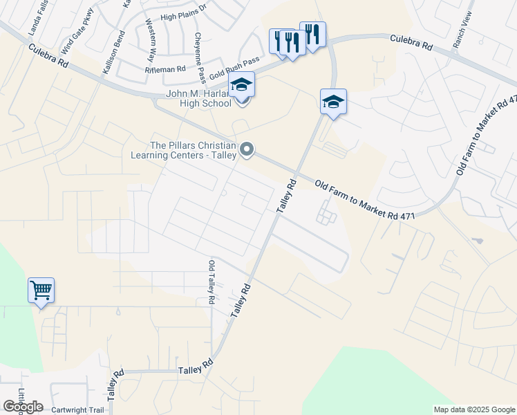 map of restaurants, bars, coffee shops, grocery stores, and more near 7511-7543 Talley Rd in San Antonio