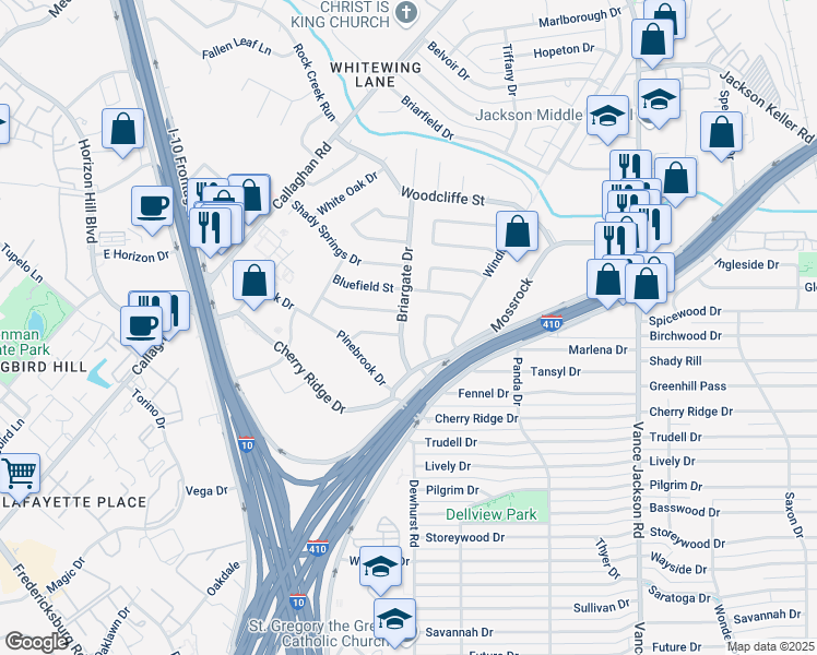map of restaurants, bars, coffee shops, grocery stores, and more near 7811 Robin Hill Drive in San Antonio
