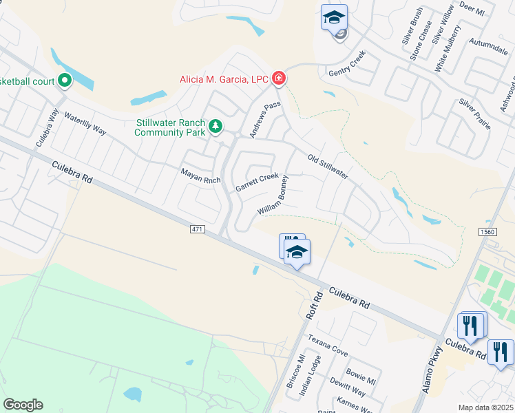 map of restaurants, bars, coffee shops, grocery stores, and more near 7675-7503 William Bonney in San Antonio