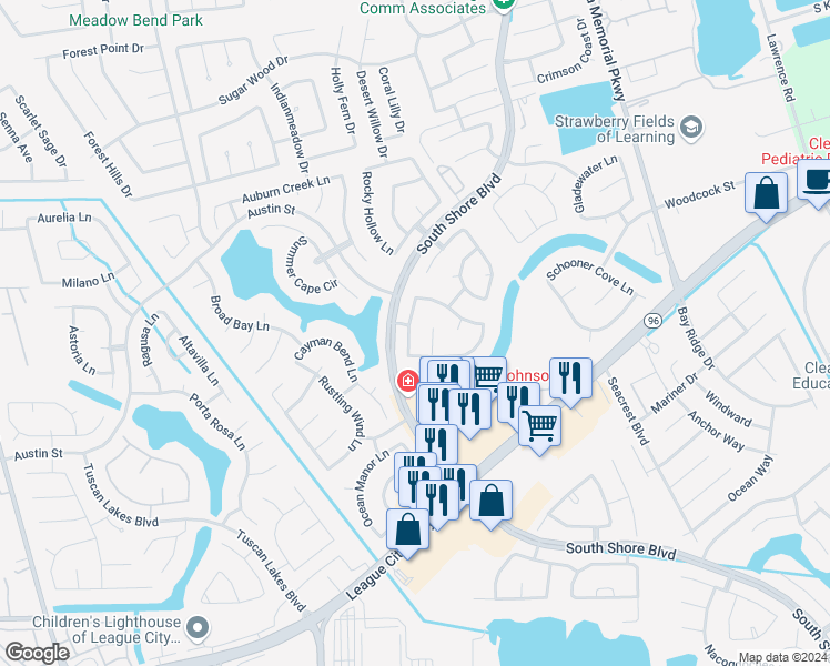 map of restaurants, bars, coffee shops, grocery stores, and more near 874 Pebblebank Lane in League City