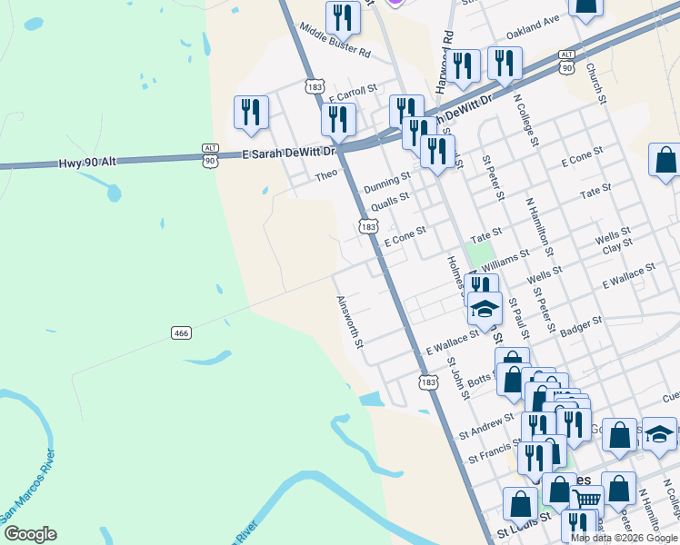 map of restaurants, bars, coffee shops, grocery stores, and more near 1418 Ainsworth Street in Gonzales
