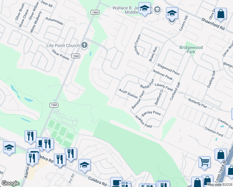 map of restaurants, bars, coffee shops, grocery stores, and more near 11343 Saratoga Coach in San Antonio