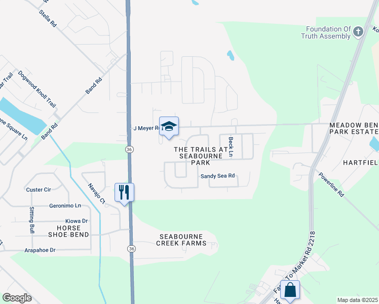 map of restaurants, bars, coffee shops, grocery stores, and more near 5015 Oak Briar Lane in Rosenberg
