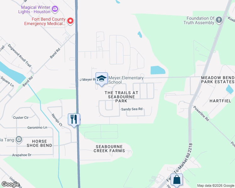 map of restaurants, bars, coffee shops, grocery stores, and more near 5018 Cottage Creek Lane in Rosenberg