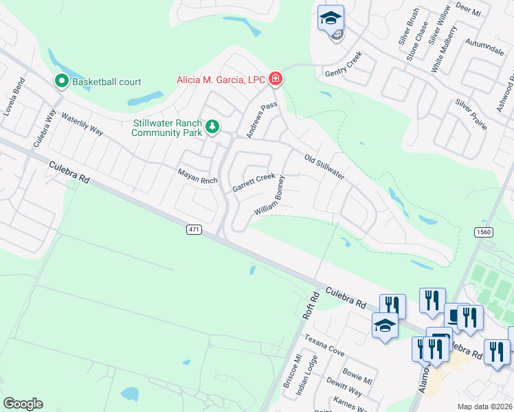 map of restaurants, bars, coffee shops, grocery stores, and more near 7675-7503 William Bonney in San Antonio