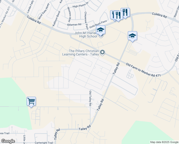 map of restaurants, bars, coffee shops, grocery stores, and more near Palm Ridge in San Antonio