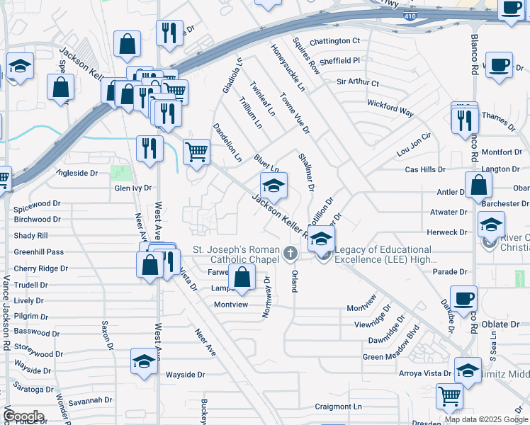 map of restaurants, bars, coffee shops, grocery stores, and more near 1650 Jackson Keller Road in San Antonio