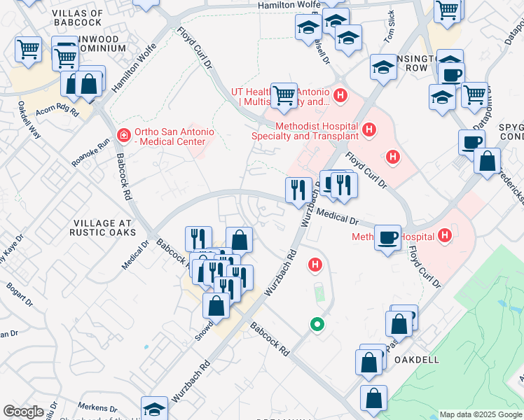 map of restaurants, bars, coffee shops, grocery stores, and more near 4900 Von Scheele Drive in San Antonio