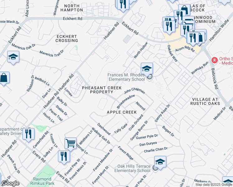 map of restaurants, bars, coffee shops, grocery stores, and more near 6203 John Chapman in San Antonio