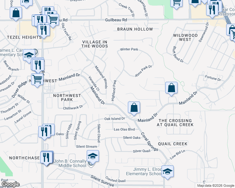map of restaurants, bars, coffee shops, grocery stores, and more near 10119 Winton Park Drive in San Antonio