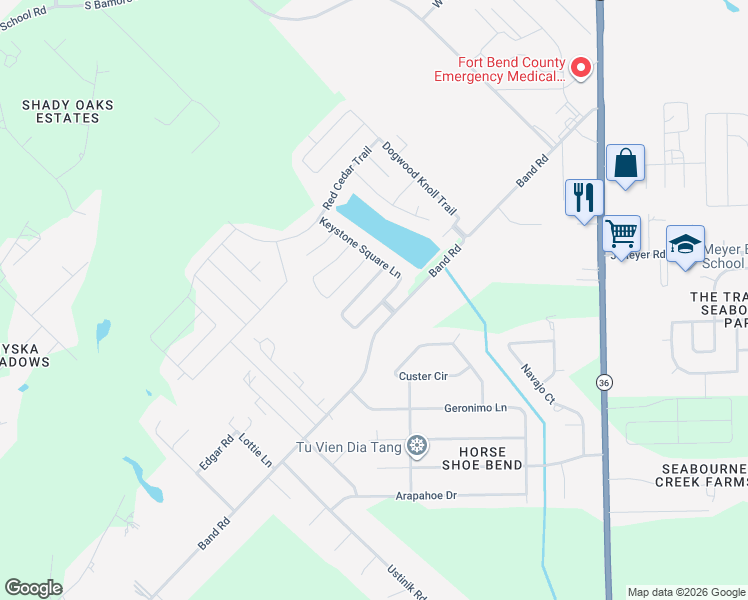 map of restaurants, bars, coffee shops, grocery stores, and more near 2100 Band Road in Rosenberg