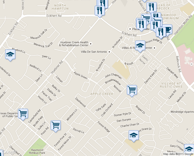 map of restaurants, bars, coffee shops, grocery stores, and more near 6203 John Chapman in San Antonio