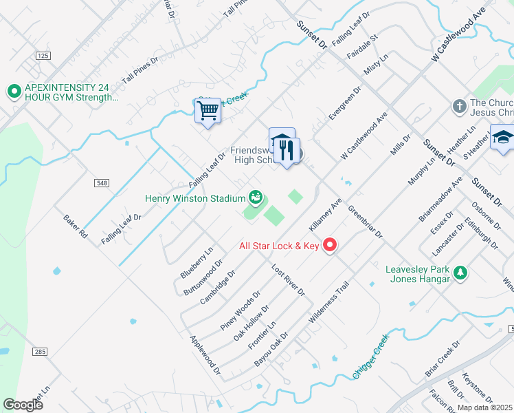map of restaurants, bars, coffee shops, grocery stores, and more near 702 Greenbriar Drive in Friendswood