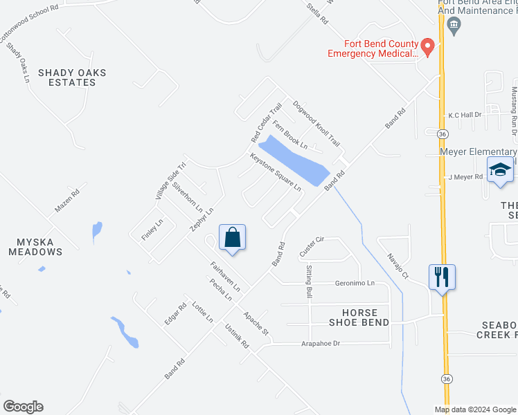 map of restaurants, bars, coffee shops, grocery stores, and more near 2123 Feather Hill Drive in Rosenberg